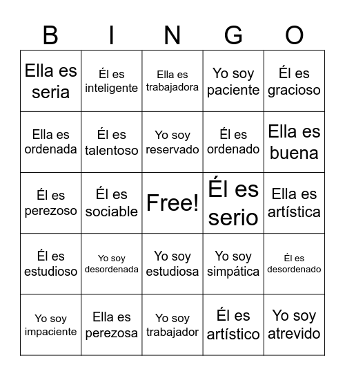 To talk about what you and others are like Bingo Card