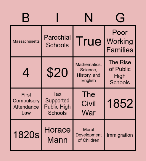 1800s Summary Bingo Card