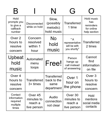 Call Center Bingo Card