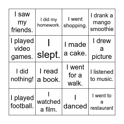 What did you do at the weekend? Bingo Card