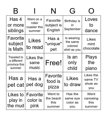 7th Grade Human Bingo Card