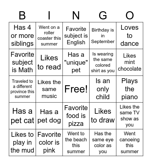 7th Grade Human Bingo Card