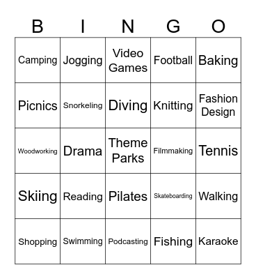 Leisure Bingo Card
