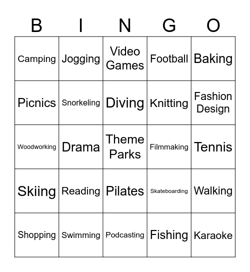 Leisure Bingo Card