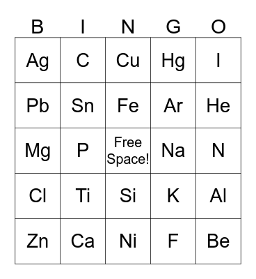 ELEMENTS Bingo Card