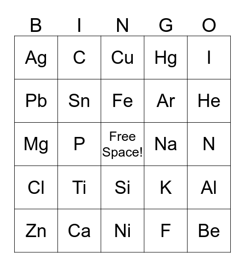 ELEMENTS Bingo Card
