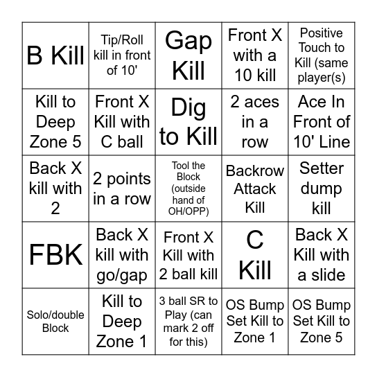 UWL Volleyball Offense Bingo Card