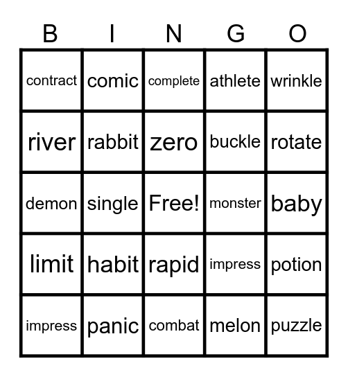 Mixed Syllable Type Division Bingo Card