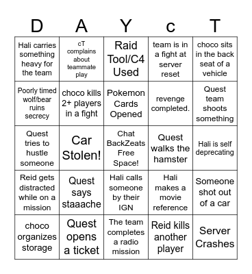 choco, reid, hali, quest Chenarus Bingo Card