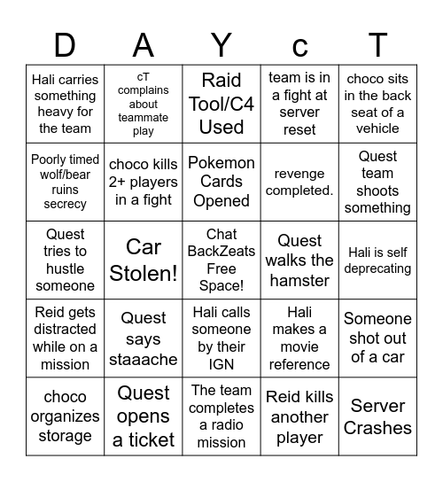 choco, reid, hali, quest Chenarus Bingo Card