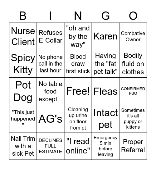 Vet Tech Bingo! Bingo Card