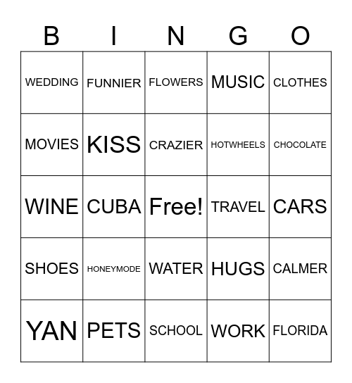 YAN & NATALIA BRIDAL SHOWER Bingo Card
