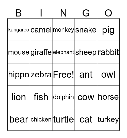 ANIMAL BINGO Card