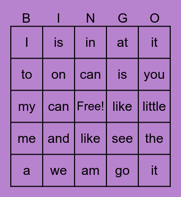 sight words Bingo Card