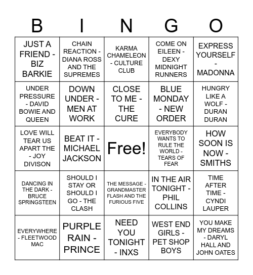 80's 1.0 Bingo Card