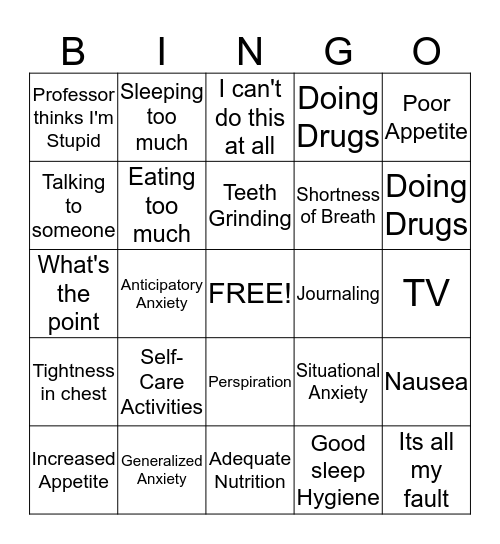 ANXIETY BINGO Card