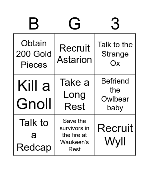 Baldurs Gate 3 Act 1 Bingo Card