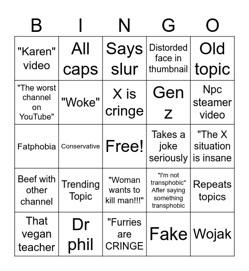 Bad Commentary channel bingo Card