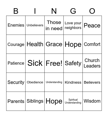 Prayer Bingo Card