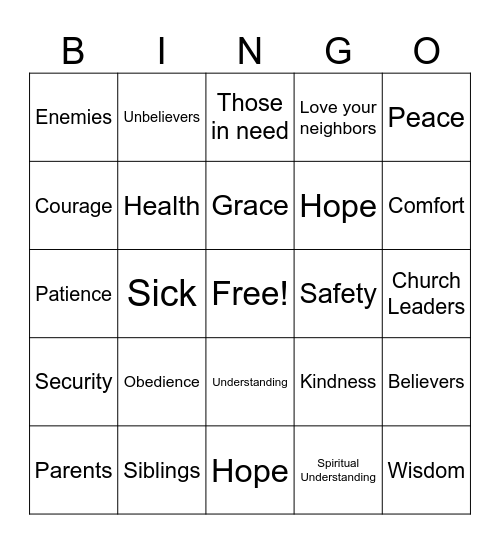 Prayer Bingo Card