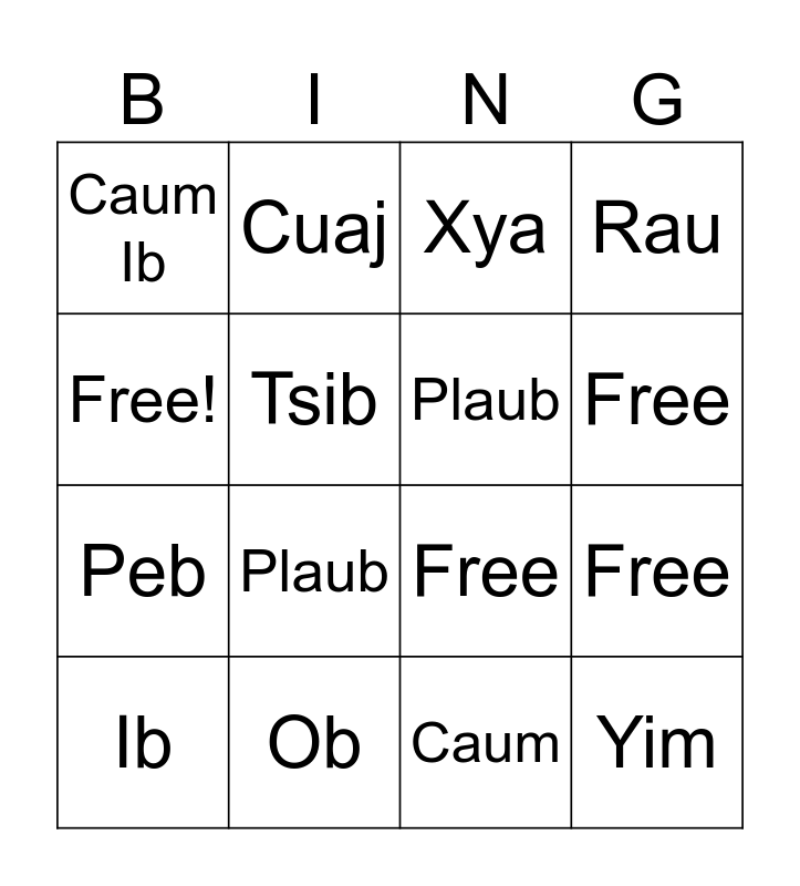 Hmong Numbers Bingo Card