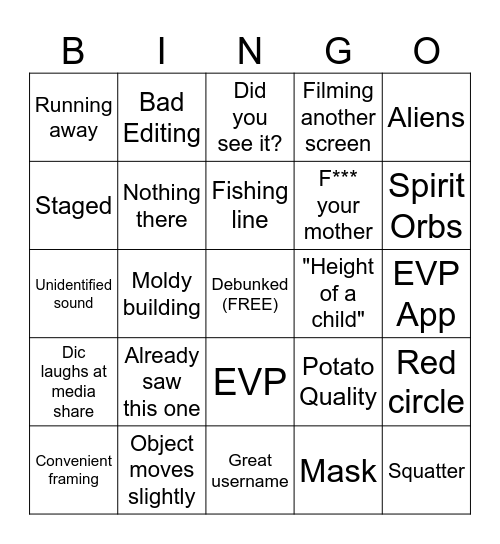 Ghost Watch Bingo Card
