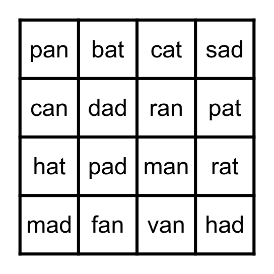 -at, -an and -ad Bingo Card