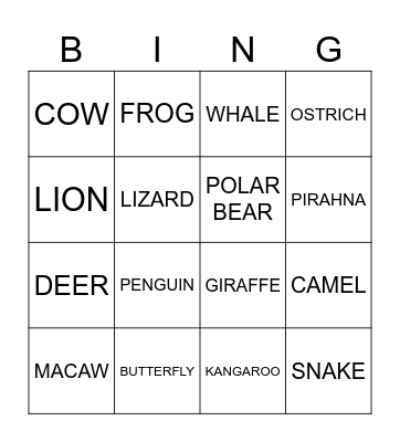 ANIMALS Bingo Card