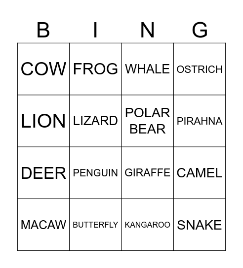 ANIMALS Bingo Card