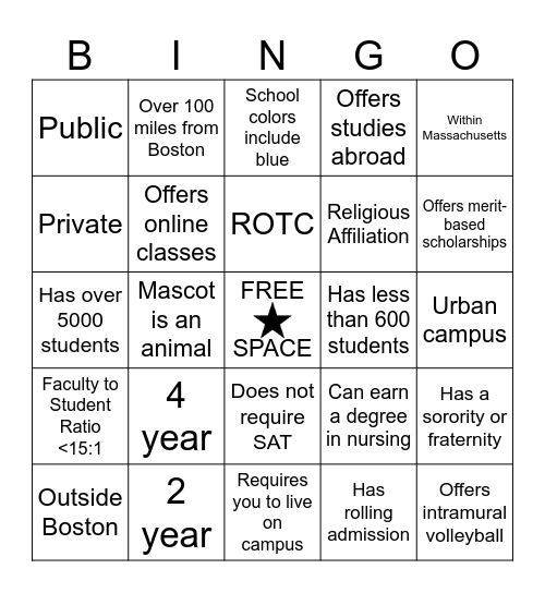 College Fair Bingo Card