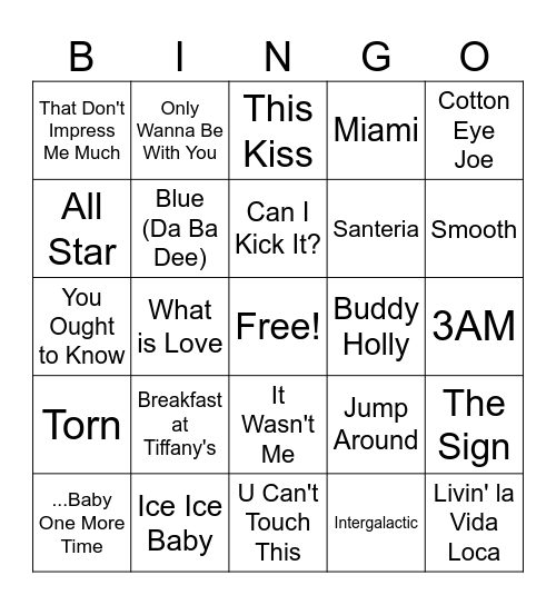 90s Music Bingo Card