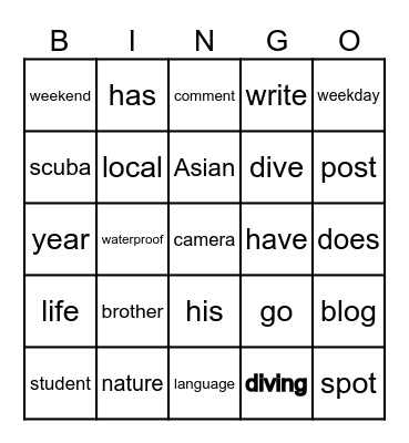 Vocabulary Bingo Card