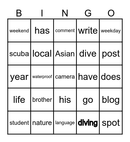 Vocabulary Bingo Card