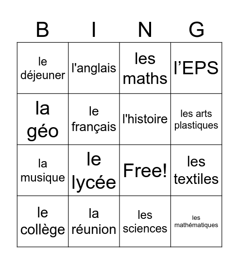 Les matieres Bingo Card