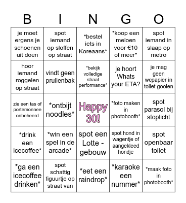K-Birthday Bingo Card