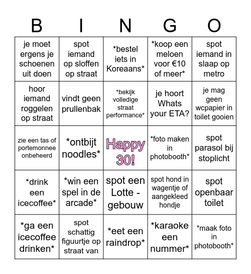 K-Birthday Bingo Card