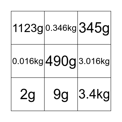 Maths Bingo Card