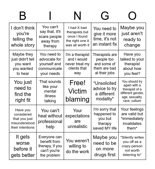 "Therapy wasn't helpful for me" Bingo Card