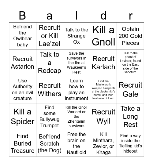 Baldurs Gate 3 Act 1 Bingo Card