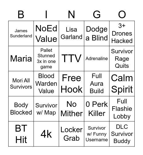 Killer DBD Bingo Card
