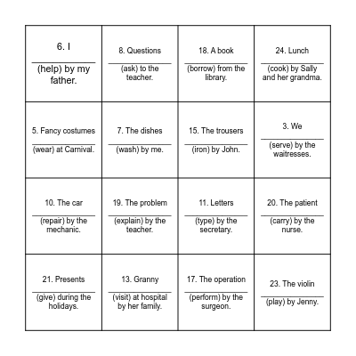 Passive Voice Bingo Card