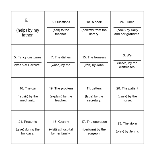 Passive Voice Bingo Card