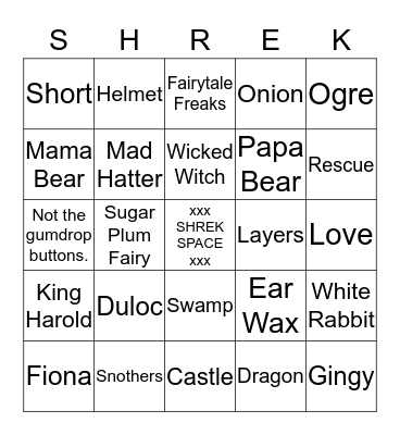 Shrek The Musical Bingo Card