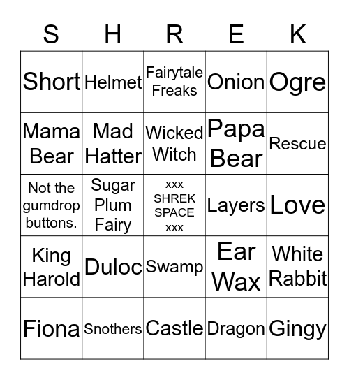 Shrek The Musical Bingo Card