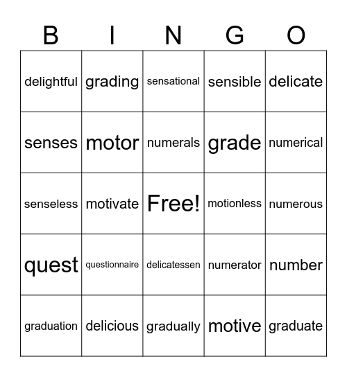 Classic Roots Vocabulary Lesson 4 Bingo Card