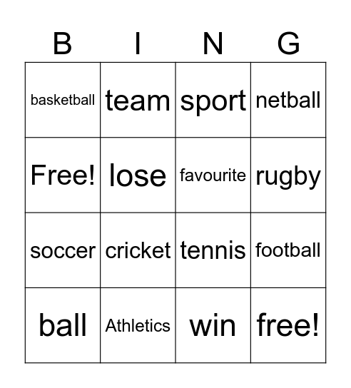 Sport Auslan Bingo Card