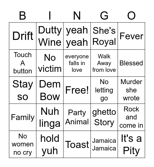 Dancehall Bingo Card