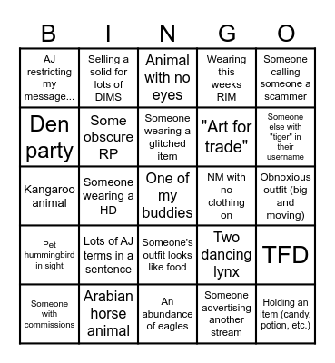 AJ Bingo! Bingo Card