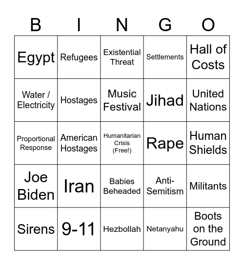 Israel Conflict News Report Bingo Card