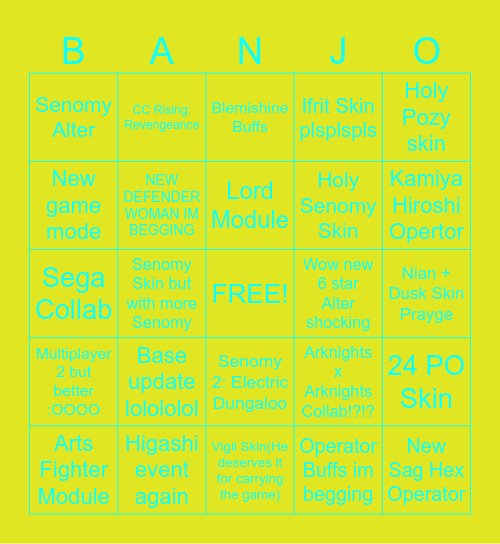 Arknights 4.5 Anniversary Stream Banjo Bingo Card